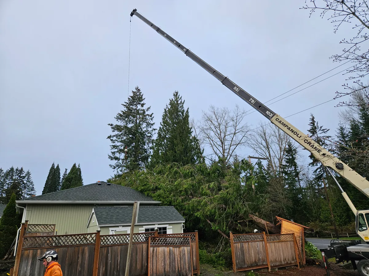 Crane truck positioned beside a residential home for tree removal, Woodinville WA