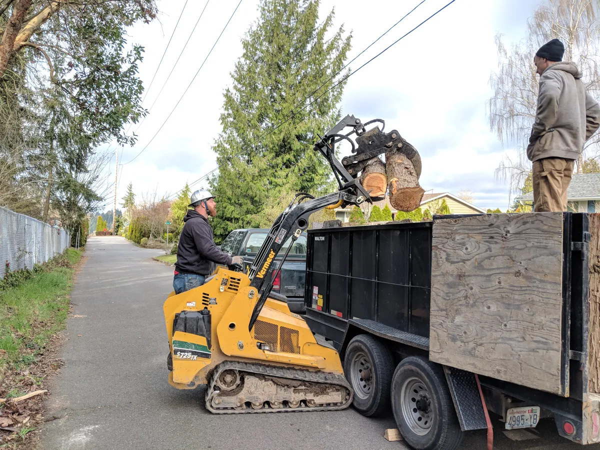 Compact track loader loading log sections into a dump trailer, North Bend WA